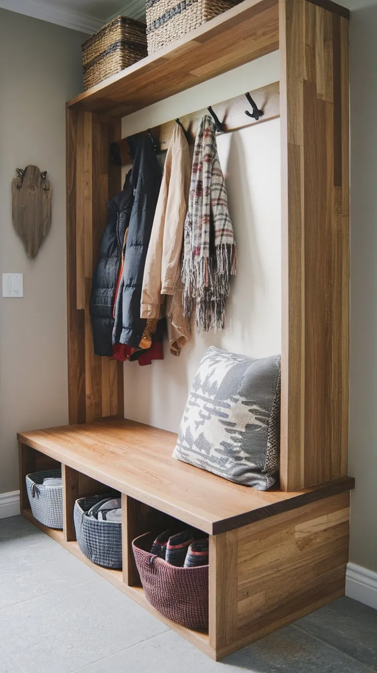 Organize entryway chaos with a handcrafted wooden bench offering built-in storage for a functional and stylish mudroom.