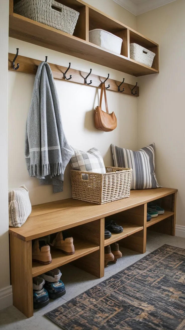 Maximize mudroom space with a handcrafted wooden bench featuring built-in storage shelves and a convenient basket, perfectly paired with wall-mounted hooks.