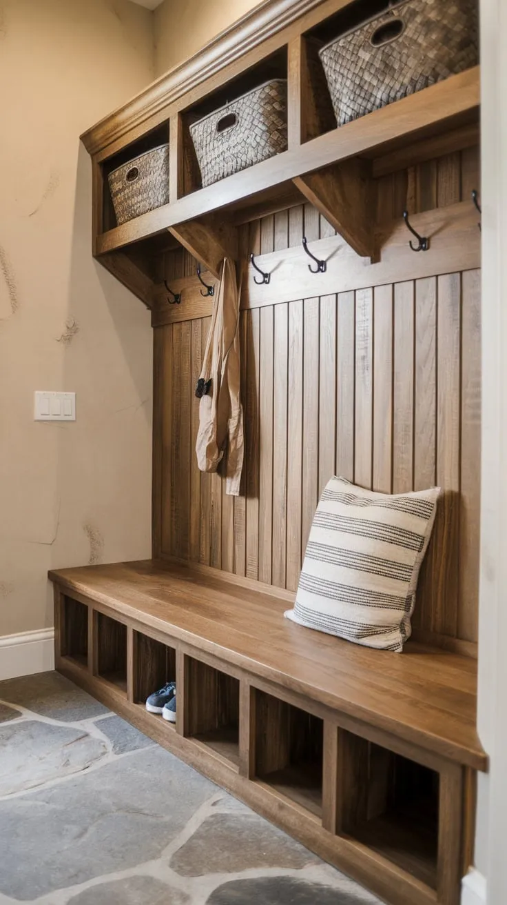 A rustic DIY mudroom bench boasts slatted wood seating and ample cubbie storage, perfectly complementing the stone floor and wall hooks.