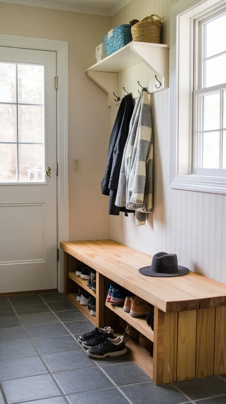 Organize shoes, hats, and coats efficiently with a custom-built mudroom bench featuring ample storage.