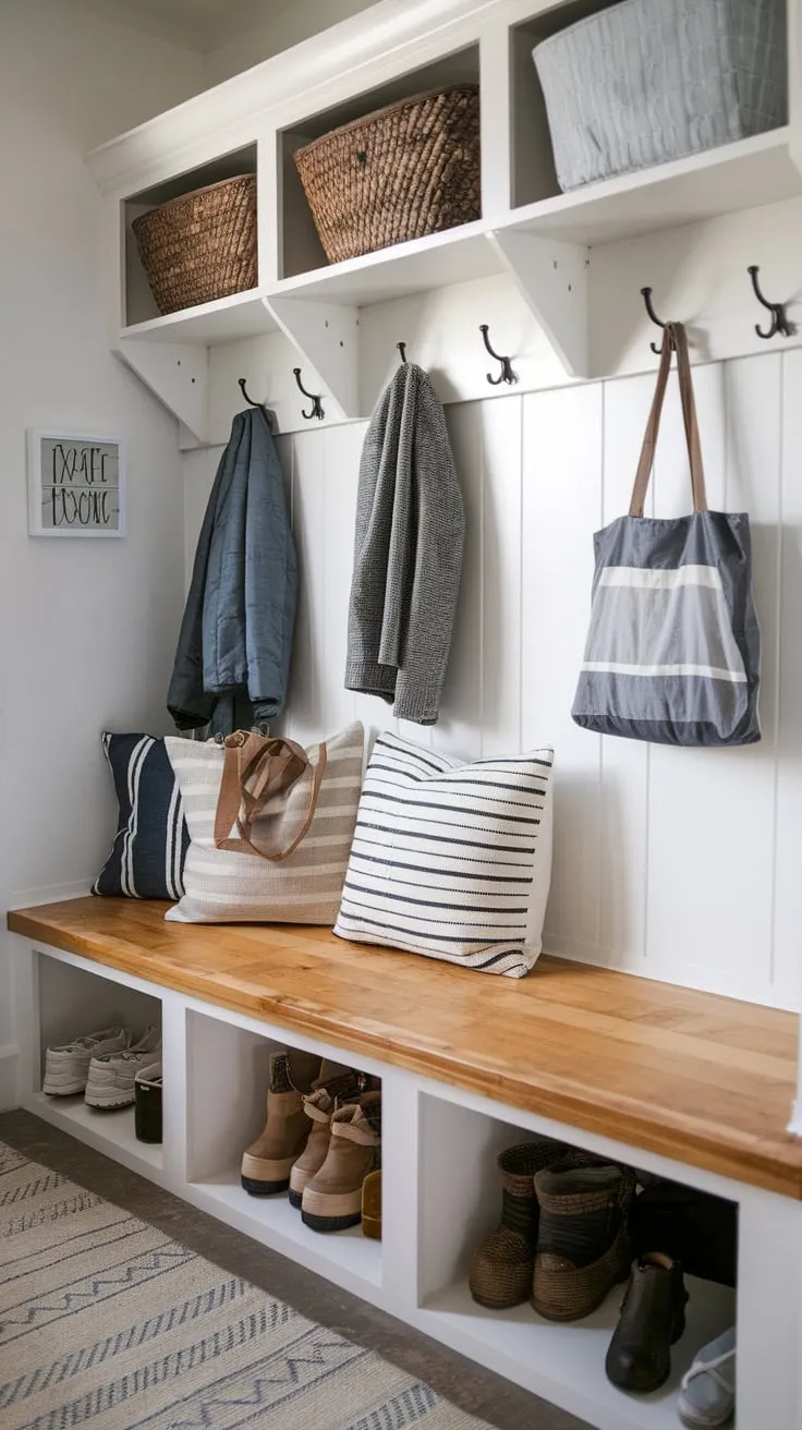 This handcrafted mudroom bench, complete with storage and wall hooks, maximizes space and functionality.