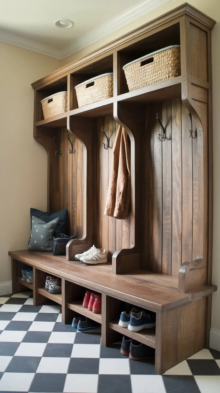A rustic DIY wood bench with ample storage tames mudroom clutter in style