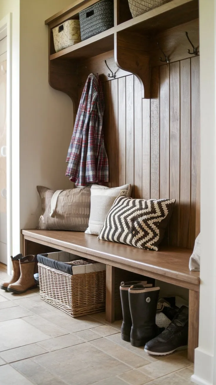 A charming rustic wood bench provides practical storage and stylish organization for a mudroom.