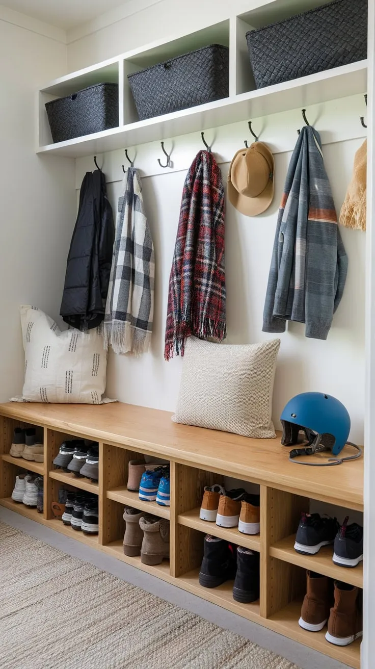Organized entryway bliss a practical wooden bench with built-in storage keeps shoes, boots, and gear tucked away, while wall hooks manage coats and hats.