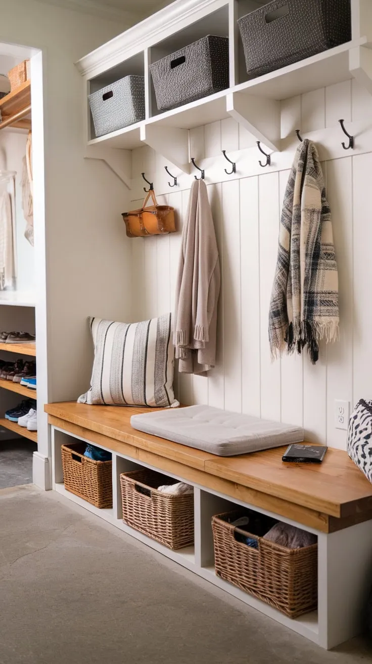 This functional mudroom boasts a custom-built wood storage bench featuring a comfy cushioned seat and handy side baskets, complementing existing coat and shoe storage.