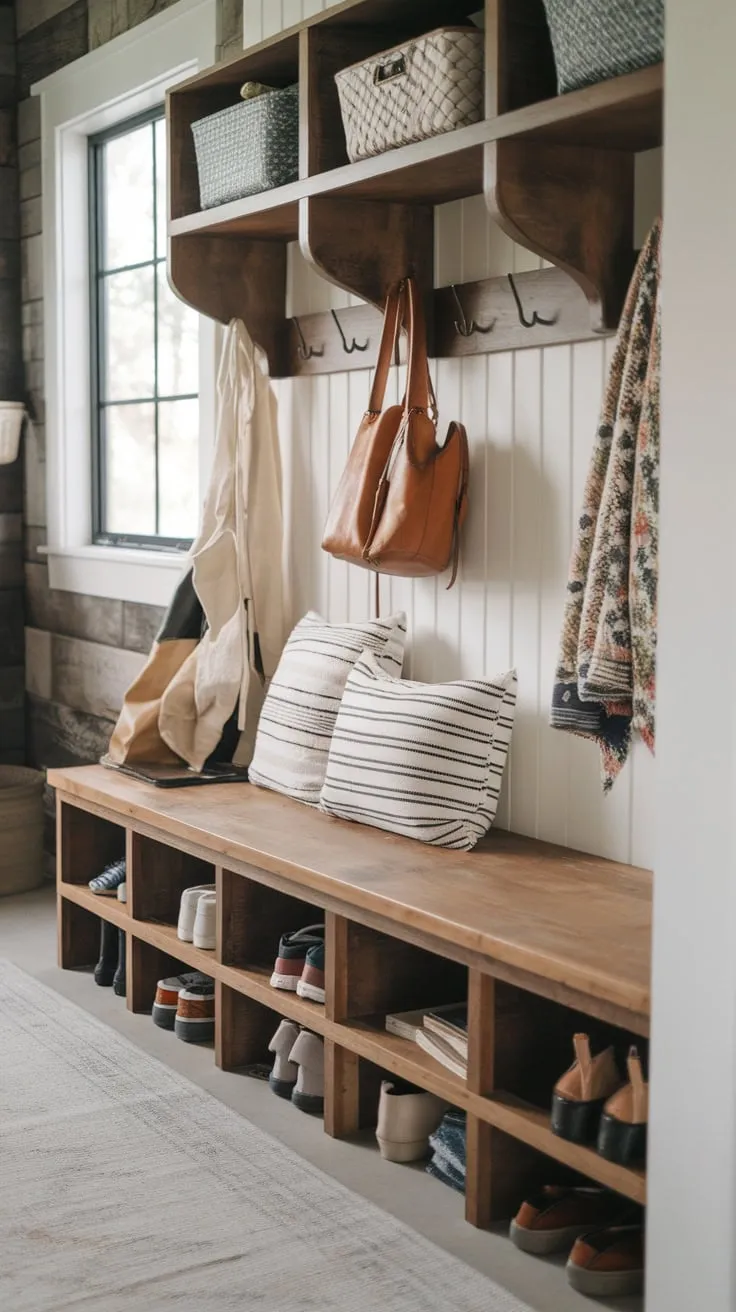 Organize your entryway with a handcrafted wooden mudroom bench featuring built-in storage, perfectly situated amidst rustic charm.