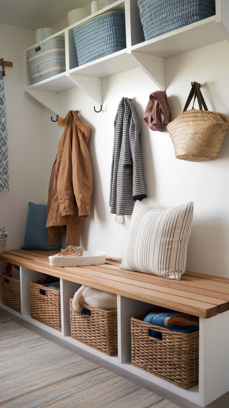 This handcrafted mudroom bench boasts slatted wood, ample basket storage, and convenient wall hooks for a functional and stylish entryway.