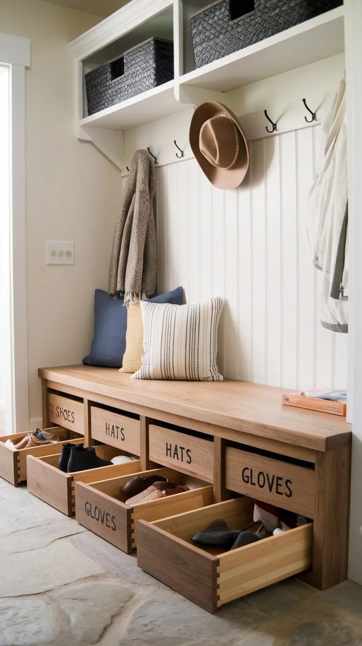 Organize your mudroom chaos with a custom-built wooden bench featuring cushioned seating and convenient storage drawers.