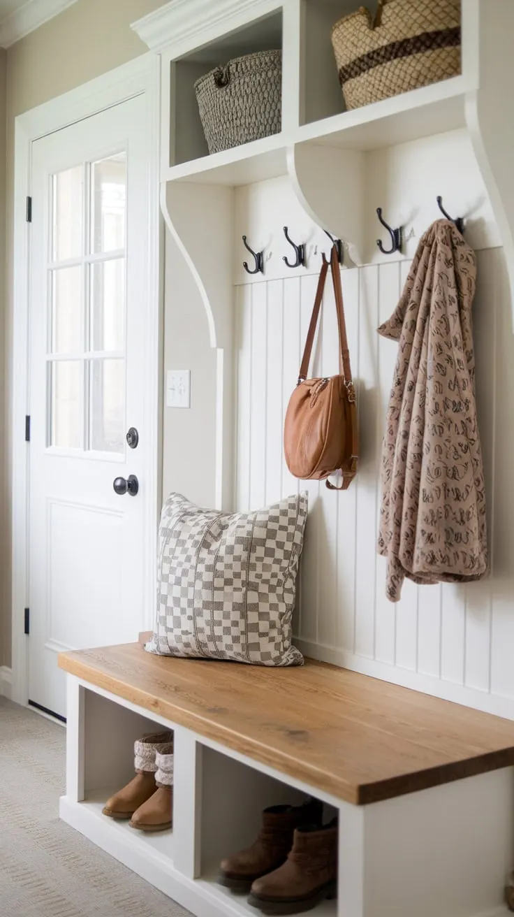 Organize entryway chaos with a DIY wood bench featuring built-in storage and convenient coat hooks