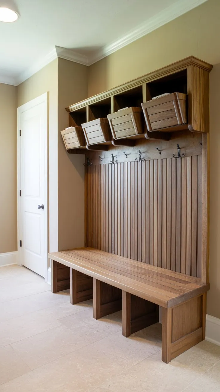 A rustic DIY mudroom bench boasts slatted seating and ample storage in four attached lidded bins, transforming a chaotic entryway.