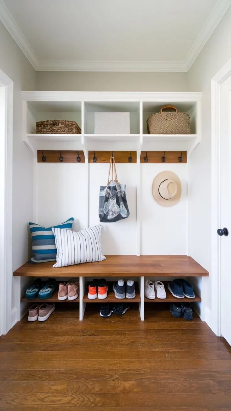 A DIY wood mudroom bench with three shelves provides stylish and organized storage for shoes, hats, and more