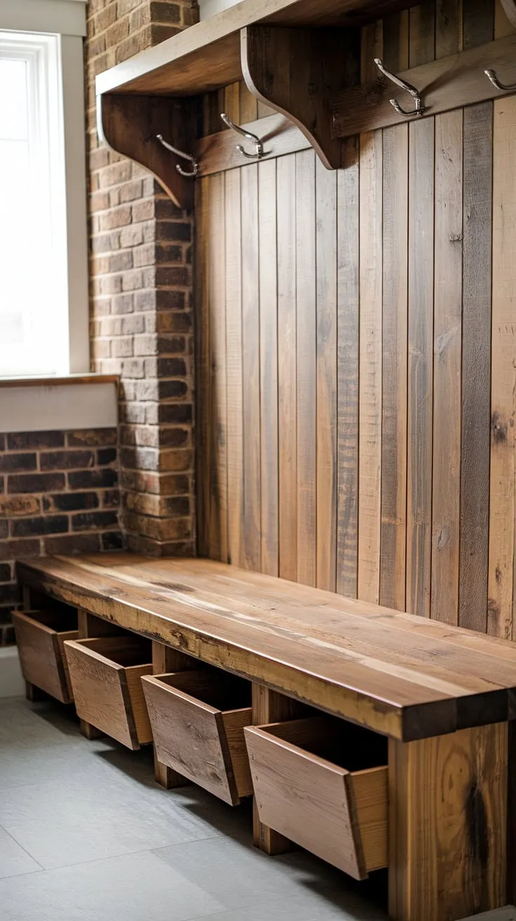 Craft a charming and practical mudroom with this DIY wooden bench featuring built-in storage boxes for ultimate organization.