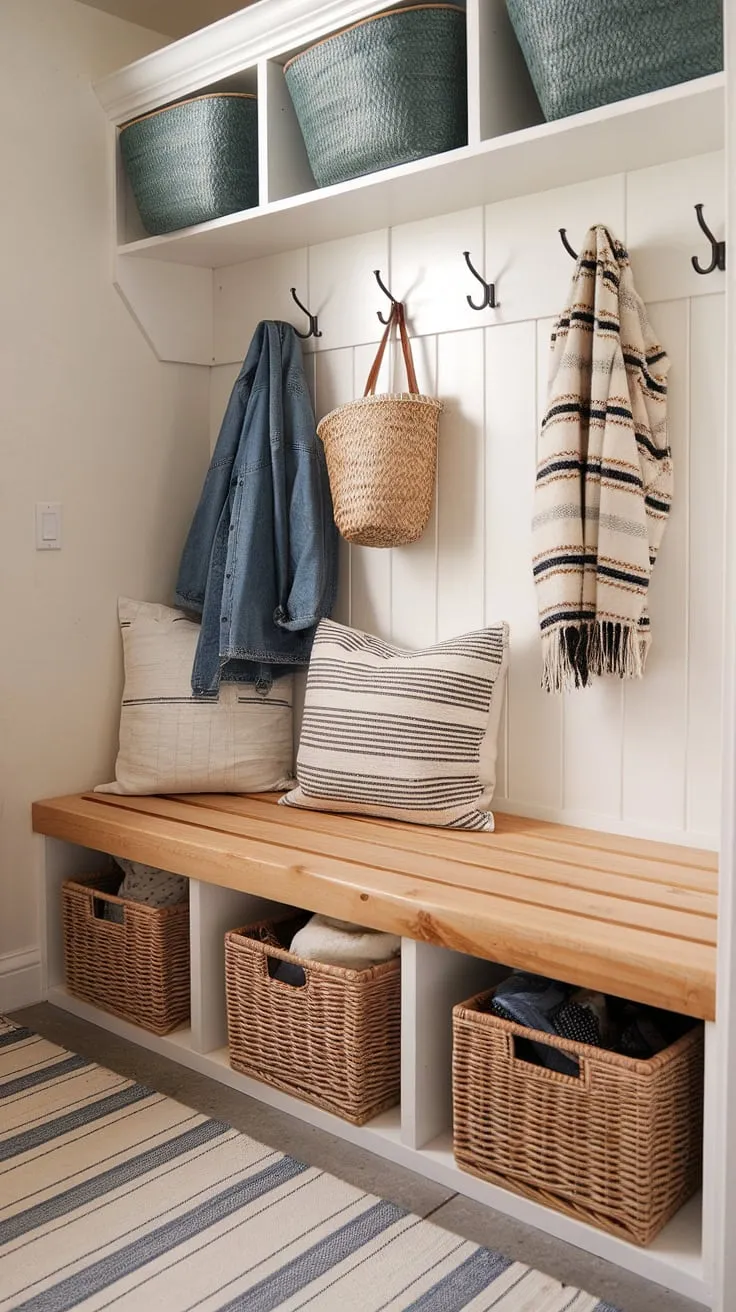 Transform your mudroom with this easy DIY mudroom bench.  This simple design offers ample storage, thanks to the built-in baskets, making it a practical and attractive addition to any entryway.  Find more mudroom bench ideas and build your own custom mudroom bench today.