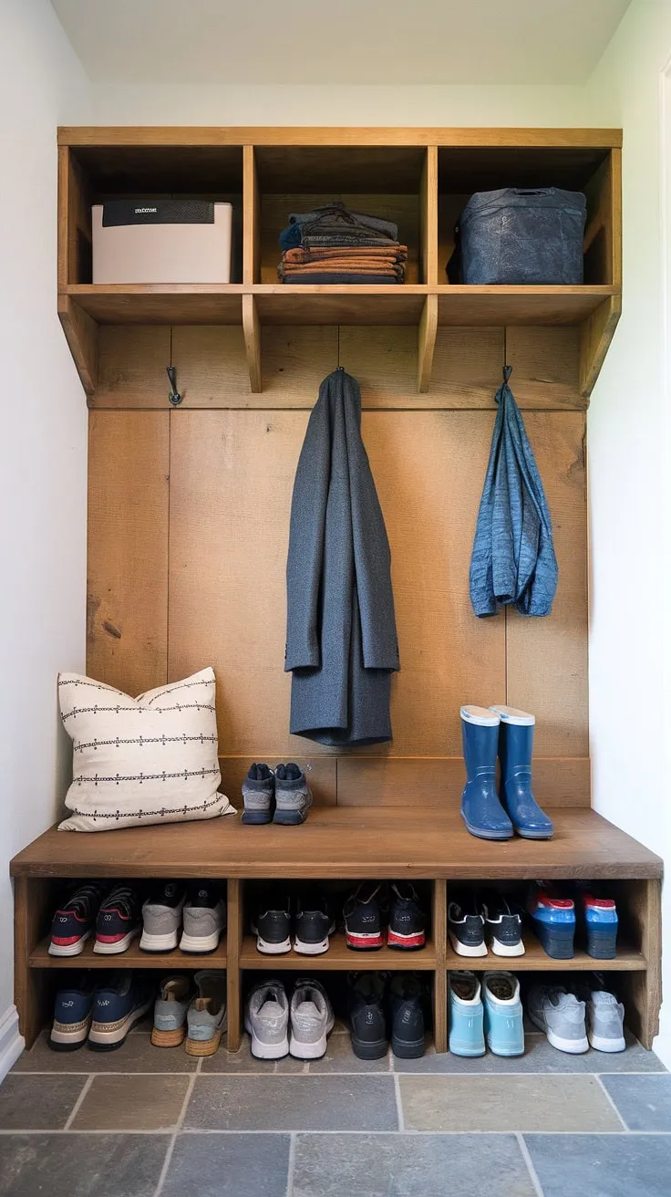 Organized chaos?  This DIY mudroom bench with storage keeps everything in its place, proving that functional can also be beautiful.  Get inspired by these mudroom bench ideas and create your own custom mudroom bench.