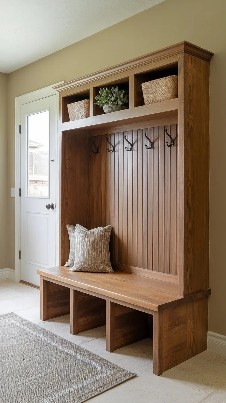This DIY mudroom bench with storage is the perfect blend of function and style.  Clever cubbies keep clutter at bay, while the slatted seat offers a comfy spot to kick off shoes.  Plenty of mudroom bench ideas came to life in this project!