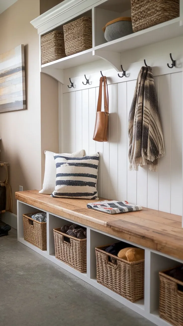 This DIY mudroom bench with storage maximizes space and style. Reclaimed wood adds character, while the baskets underneath keep clutter at bay.  Plenty of mudroom bench ideas come to life with a little creativity!