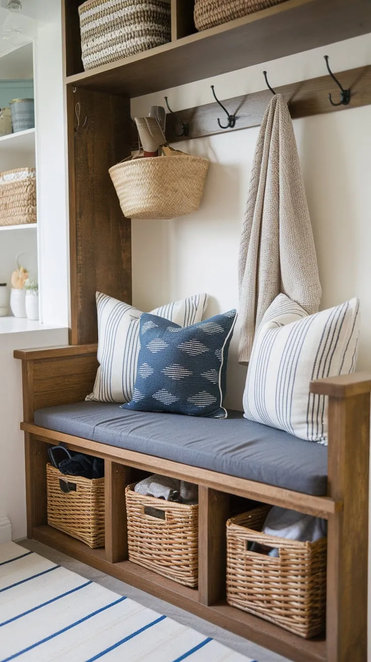 Organize your entryway chaos with a custom-built mudroom bench featuring a cushioned top and hidden storage baskets.