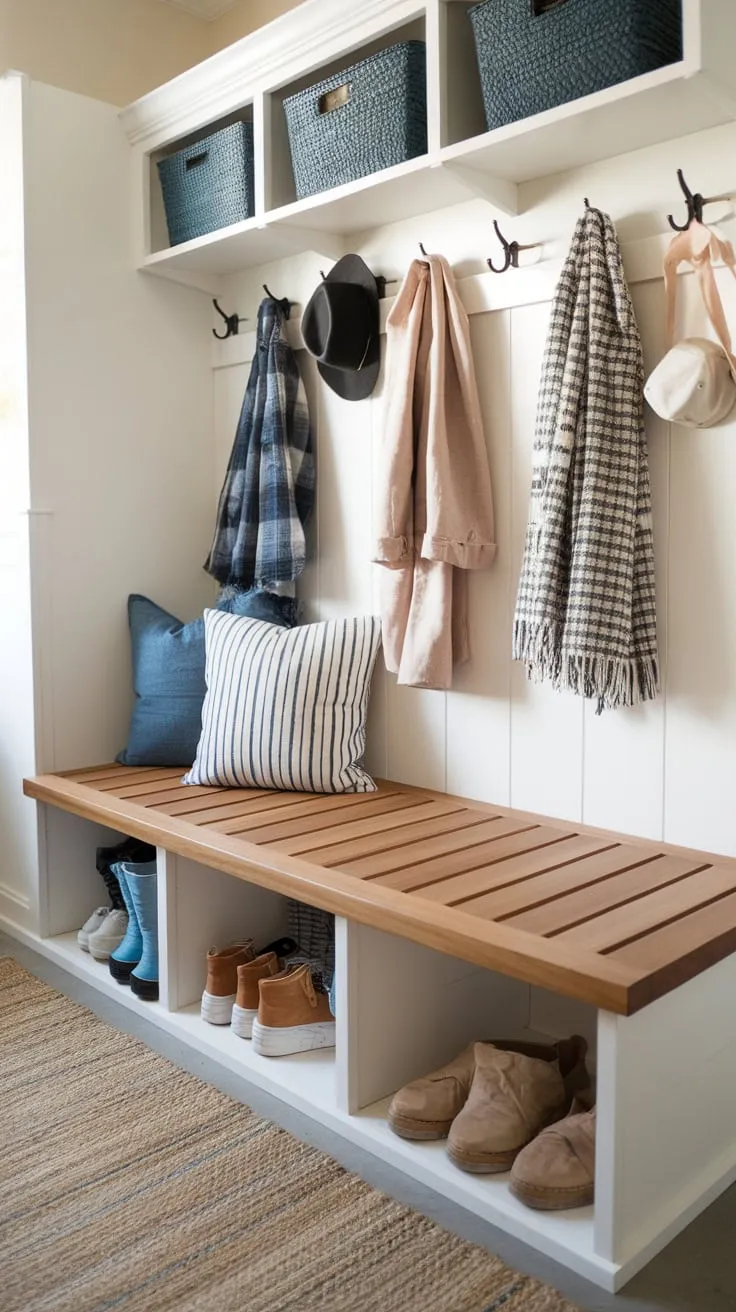 This handcrafted mudroom bench boasts slatted seating, ample storage, and convenient wall hooks for a tidy and efficient space.