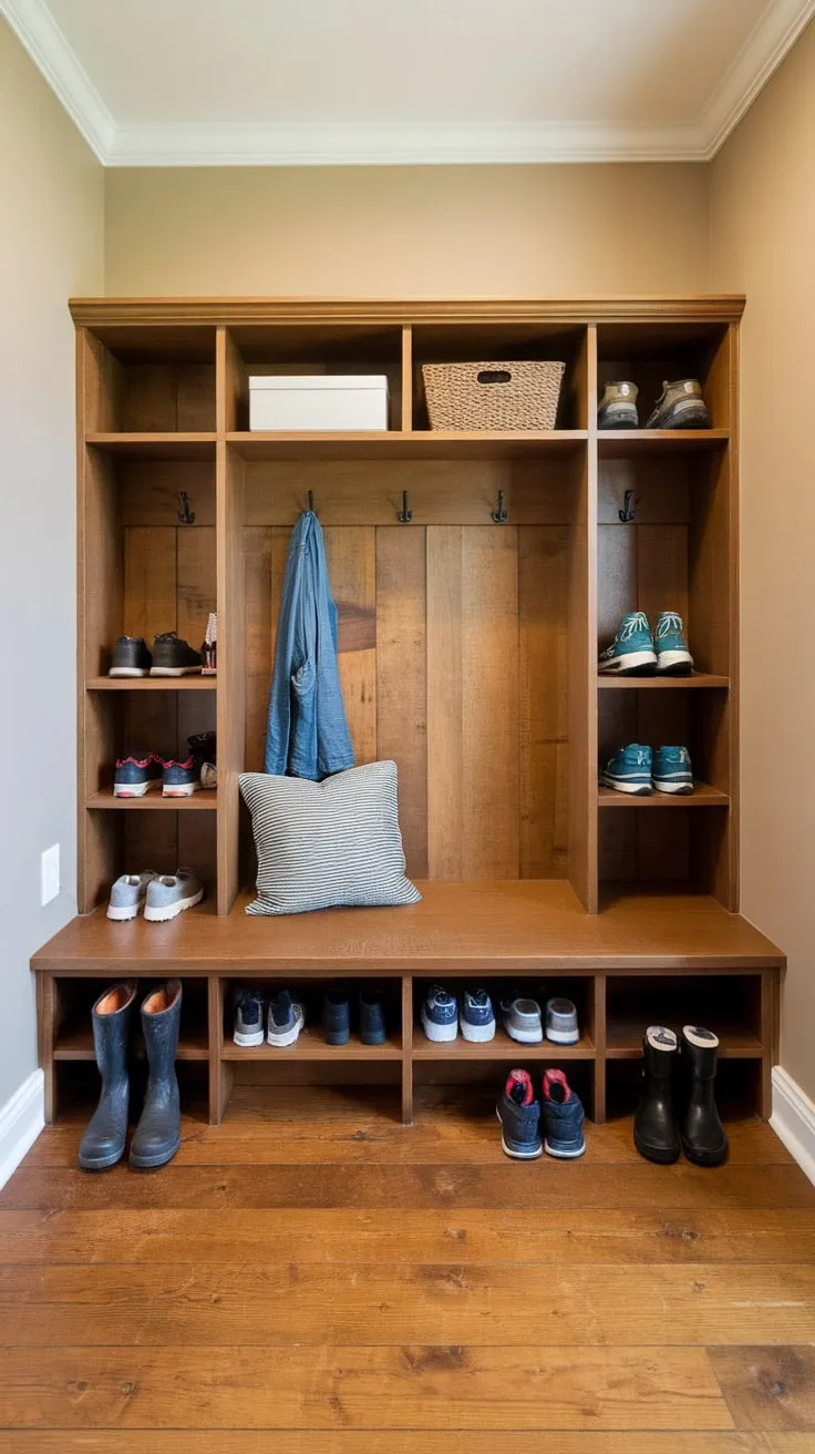 Organize your entryway chaos with a handcrafted wooden bench featuring dual side shelves for convenient storage.