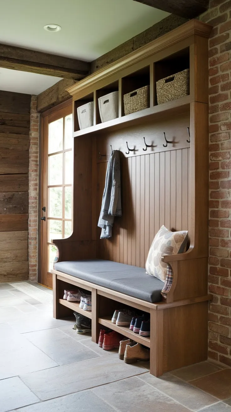 Rustic charm meets practical function in a wooden mudroom bench boasting hidden storage and a comfy cushioned seat.