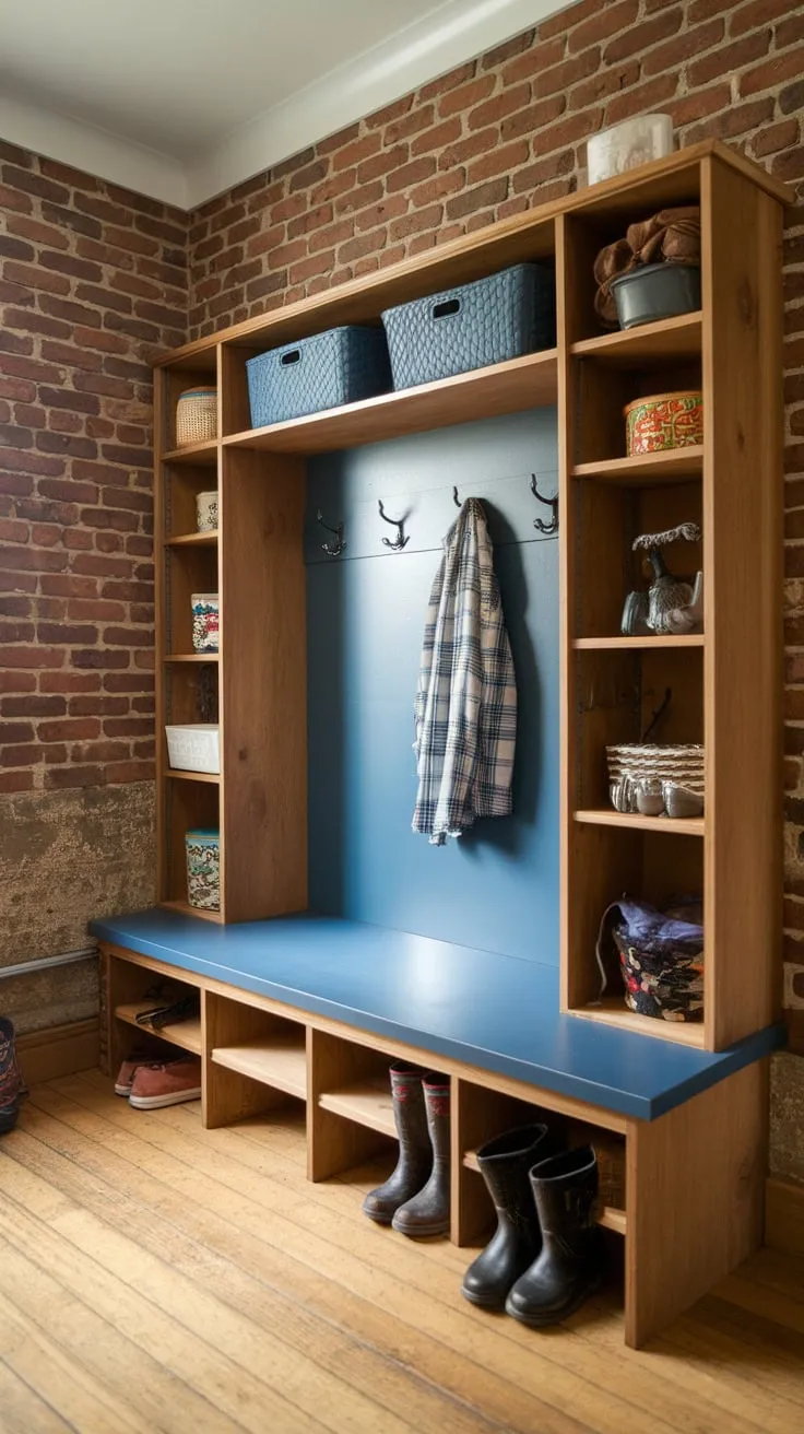 A rustic DIY mudroom bench with blue seating and built-in storage tames clutter amidst exposed brick and wooden floors
