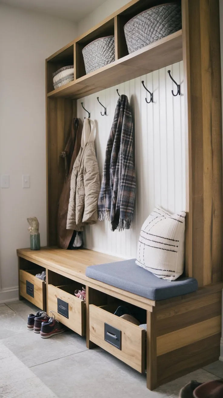 Craft a cozy and organized mudroom with a DIY wood bench featuring built-in storage and a comfy cushion