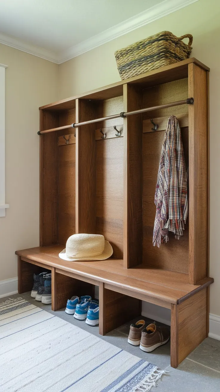A charming DIY mudroom bench boasts three convenient cubbies for shoes and gear, adding rustic storage and warmth to any entryway