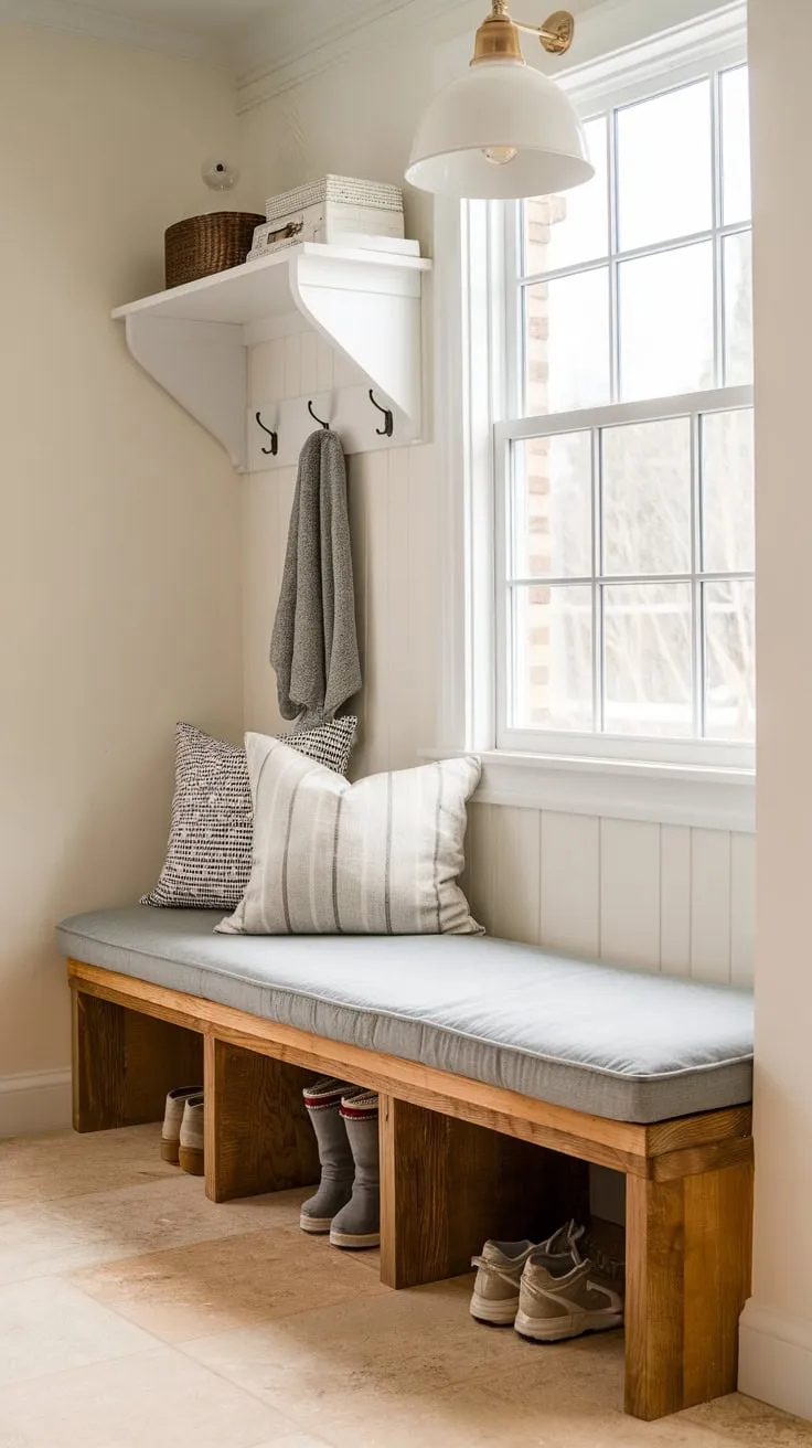 A DIY mudroom bench boasts ample storage, a soft gray cushion, and stylish overhead shelving for functional organization.