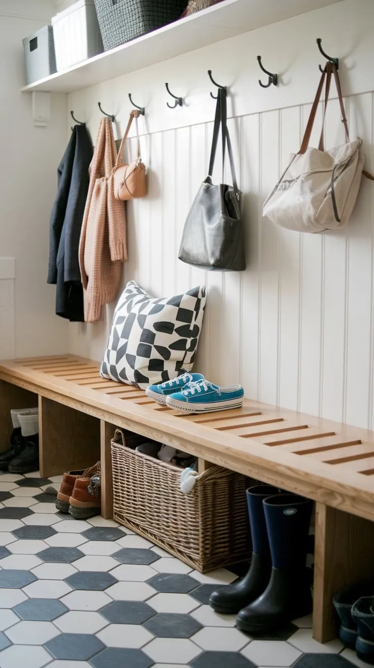 Organize entryway chaos with a handcrafted mudroom bench featuring a slatted seat and convenient under-bench storage.