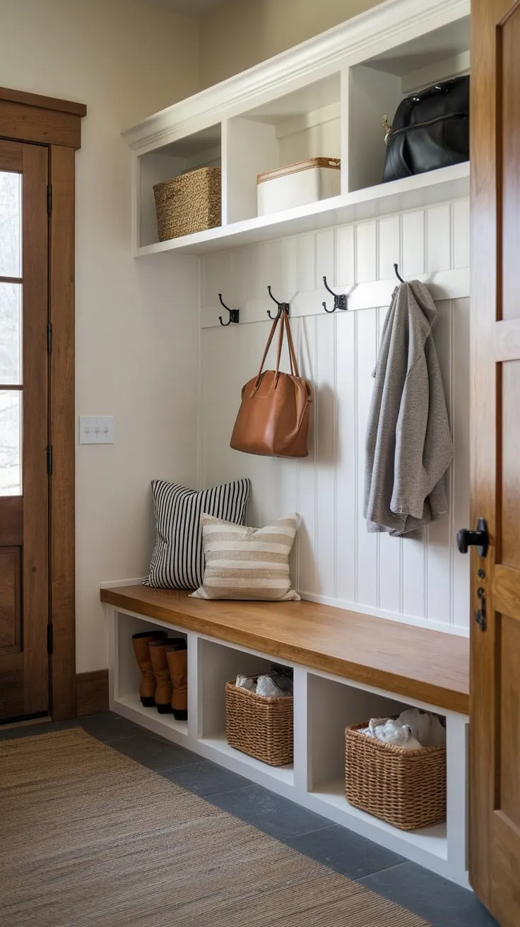 Organize your entryway with a stylish wooden mudroom bench featuring storage, a shelf, and wall hooks for coats and bags.