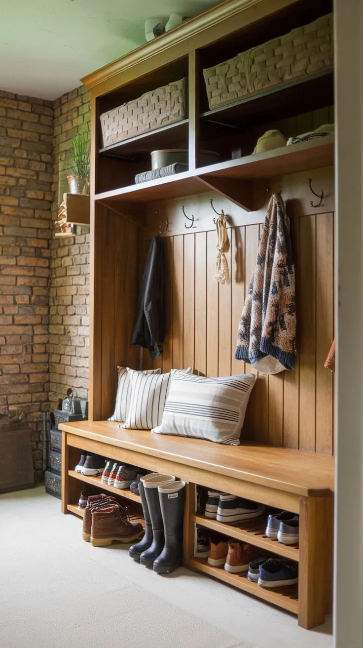 A handcrafted wooden bench with hidden storage transforms a rustic mudroom into a welcoming and functional space.