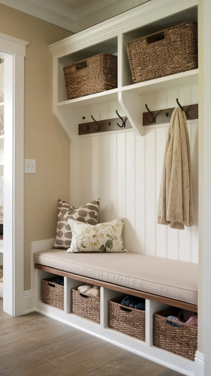 A cozy beige mudroom features a fabric-covered wooden storage bench with floral pillow complemented by baskets and a coat rack on a wood floor