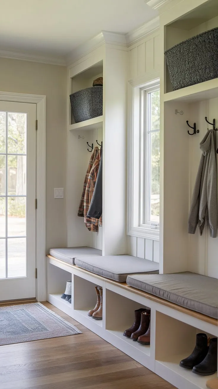 This small mudroom, complete with built-ins and a cozy bench, proves that even the tiniest entryway can be organized and stylish.  The DIY mudroom bench adds a touch of comfort, while the clever mudroom decor maximizes space.  Perfect small mudroom ideas for maximizing functionality in a mudroom entryway.