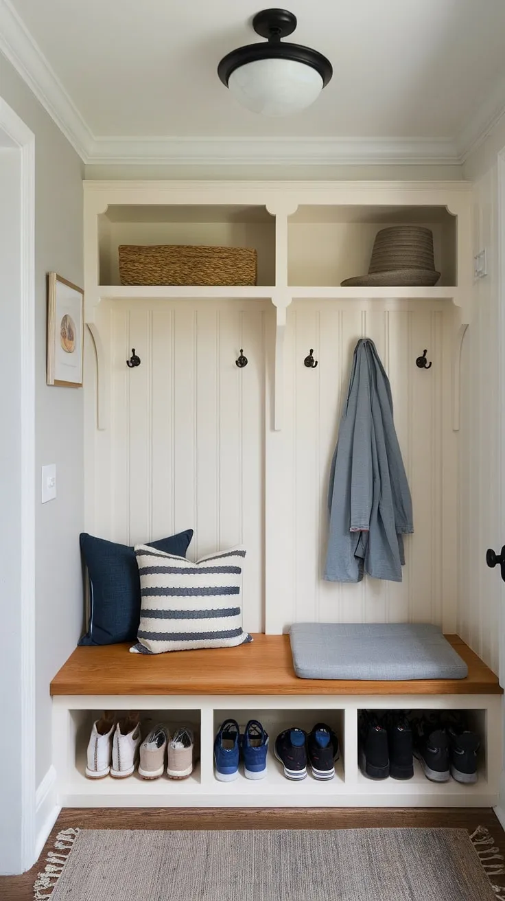 This small mudroom, complete with built-ins and a cozy DIY mudroom bench, maximizes space and style.  Clever mudroom ideas like this create a functional and inviting mudroom entryway, perfect for busy families.  The mudroom decor is simple yet effective, proving that even a small mudroom can be a stylish and organized mudroom entry.