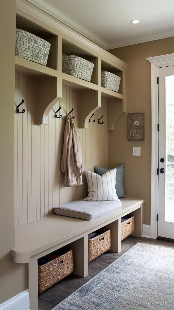 This DIY mudroom maximizes space and style!  Our small mudroom ideas came to life with these built-ins, complete with a comfy mudroom bench and ample storage.  The mudroom entryway feels so much more organized now, thanks to the custom mudroom bench and clever use of baskets.  Perfect mudroom decor for a small mudroom.
