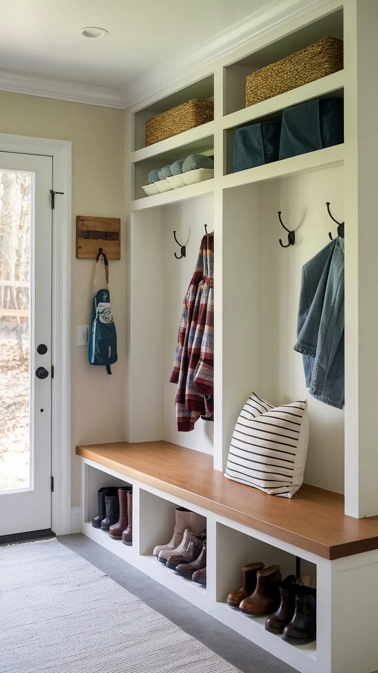 Maximize your mudroom entry with these space-saving mudroom built-ins with bench. This small mudroom showcases how a DIY mudroom bench and thoughtful storage can transform a cramped space.  Get inspired by these small mudroom ideas and create your own functional and inviting mudroom decor.  The perfect blend of form and function for your mudroom entry.