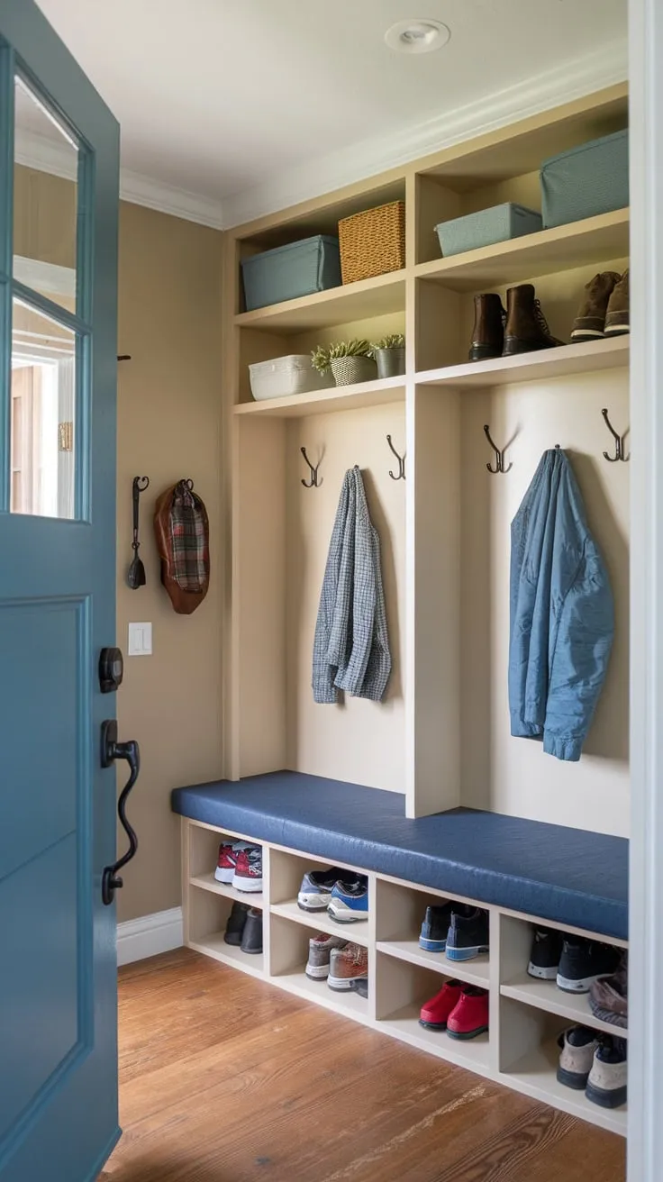A charming small mudroom boasts built-in shelves and a blue-cushioned bench, perfectly organizing coats, shoes, and everyday essentials near the home's entrance