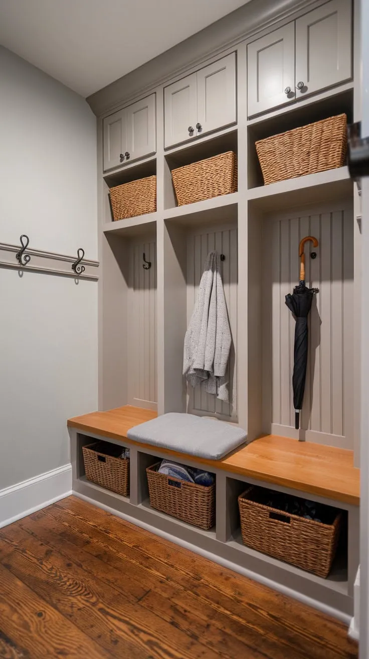 A bright gray mudroom boasts built-in wooden storage, a cushioned bench, and ample hooks for ultimate organization