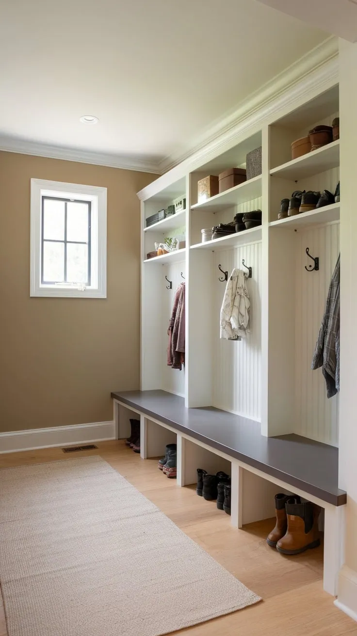 A cozy mudroom boasts a built-in bench and shelving, seamlessly blending practicality and design.