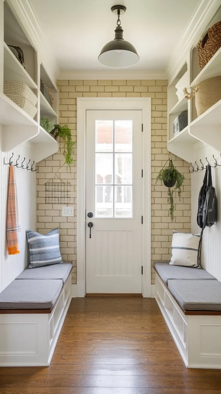 A bright and inviting small mudroom boasts built-in benches and shelves, offering stylish storage and a welcoming entryway