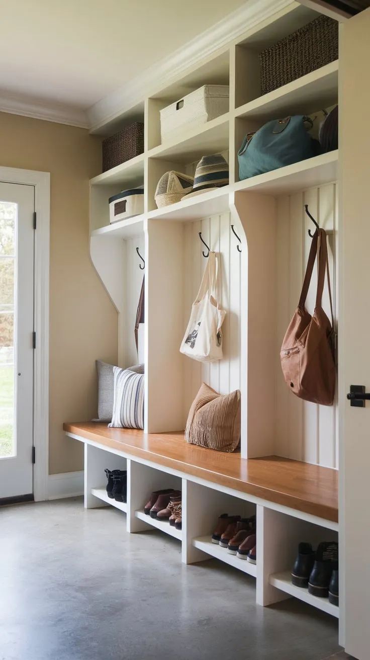Organized chaos reigns in this small mudroom featuring a built-in bench, ample shelving, and convenient hooks, all perfectly situated above a concrete floor.