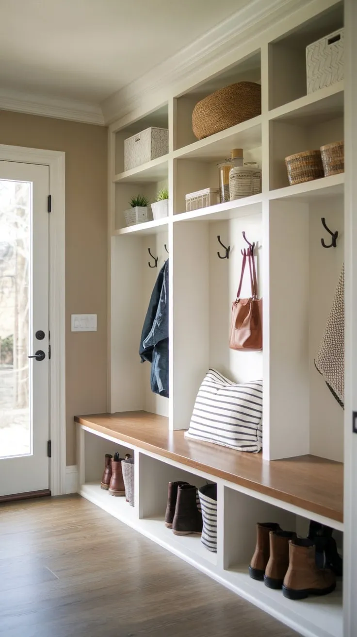 Organized entryway bliss awaits in a small mudroom featuring a built-in bench with storage, wall hooks, and shelves.