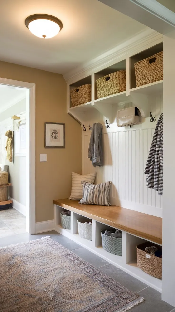 A functional and beautiful mudroom boasts a built-in bench, storage bins, and shelving for ultimate organization.