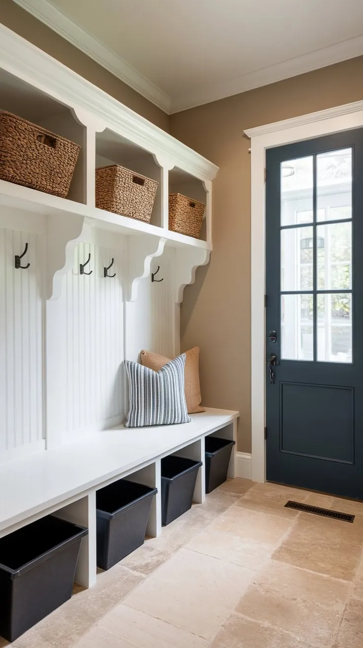A charming small mudroom boasts a white bench with black storage, complemented by white shelves and baskets, all nestled within a beige-walled space.