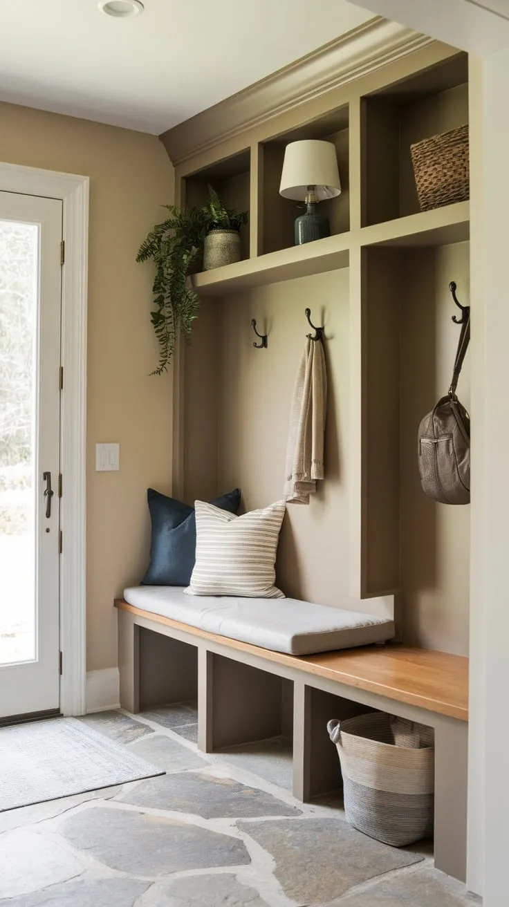 Organize and relax in a charming small mudroom featuring a built-in bench and shelves.