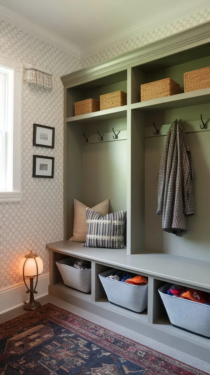 Organized chaos meets charming design in this small mudroom featuring a built-in bench with storage, shelves, and a coat rack.