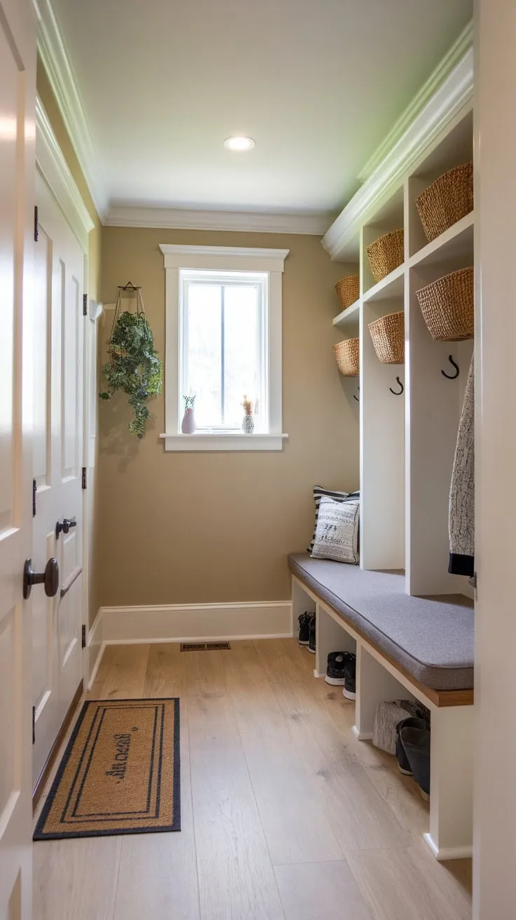 A cozy mudroom boasts built-in shelves with baskets, a cushioned bench beneath a small window, and charming personal touches for efficient and stylish organization