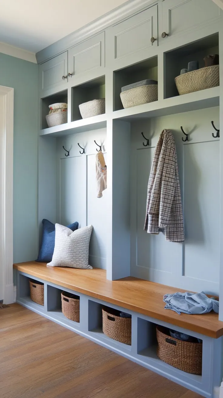 Built-in benches flanking a light blue mudroom provide cushioned seating, overhead storage, and coat racks for ultimate family organization.
