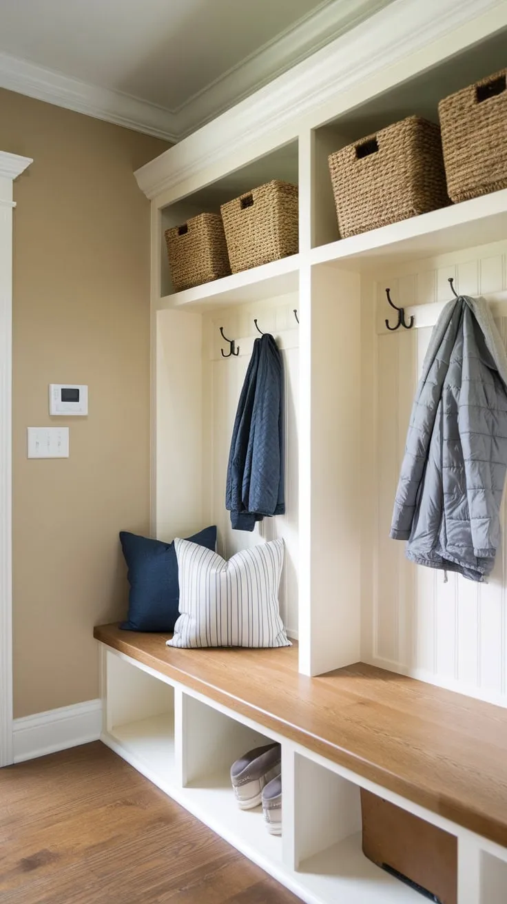Organized chaos ends with this small mudroom's built-in bench and shelves, offering stylish storage and a comfy seating area.