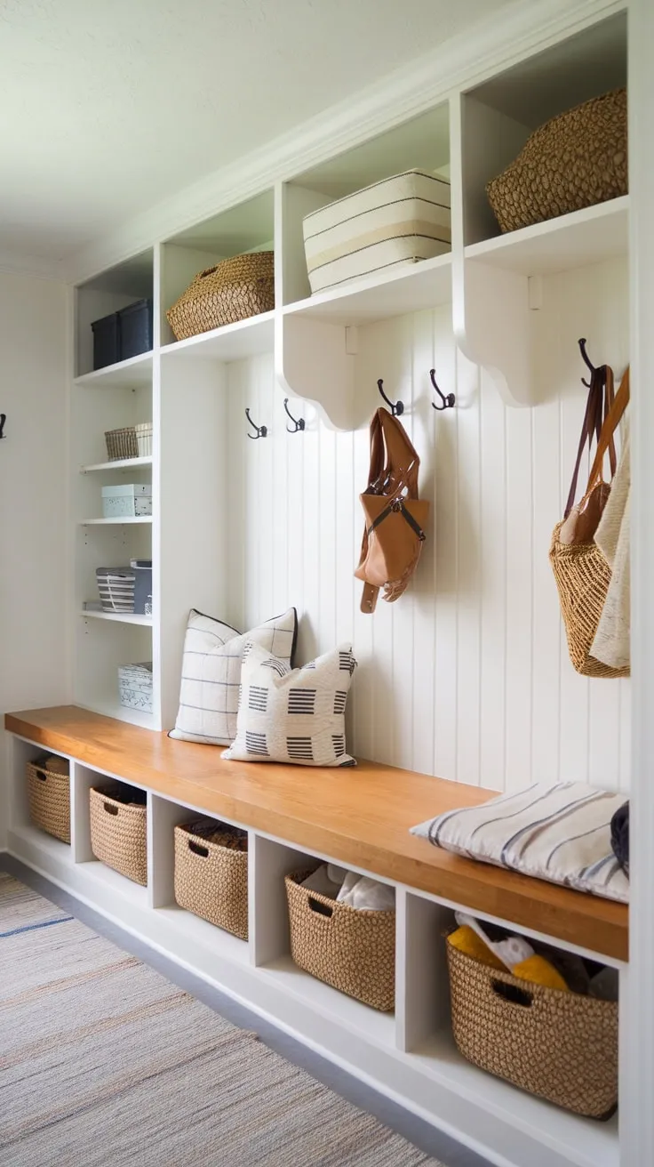 Transform your entryway with a custom-built mudroom featuring a comfy bench, ample storage, and stylish design.
